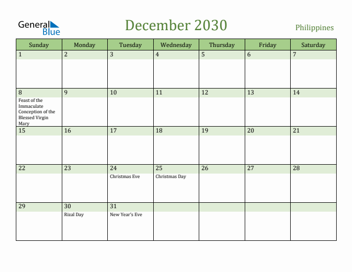 December 2030 Calendar with Philippines Holidays