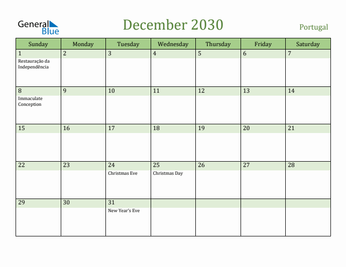 December 2030 Calendar with Portugal Holidays