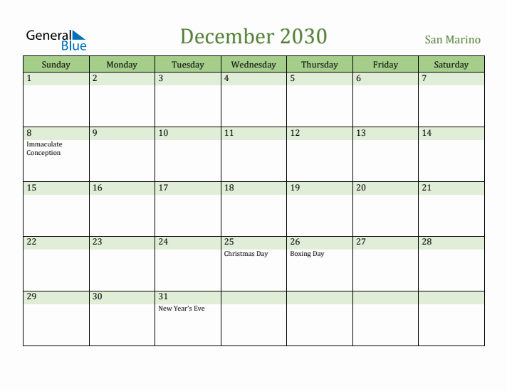 December 2030 Calendar with San Marino Holidays