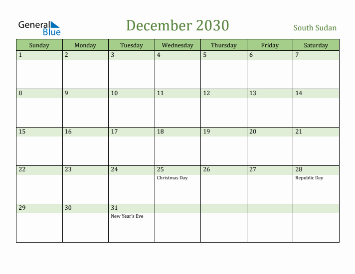 December 2030 Calendar with South Sudan Holidays