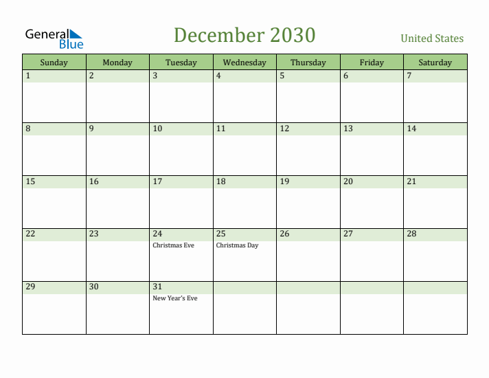 December 2030 Calendar with United States Holidays