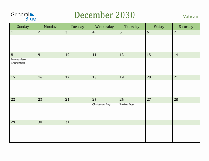 December 2030 Calendar with Vatican Holidays