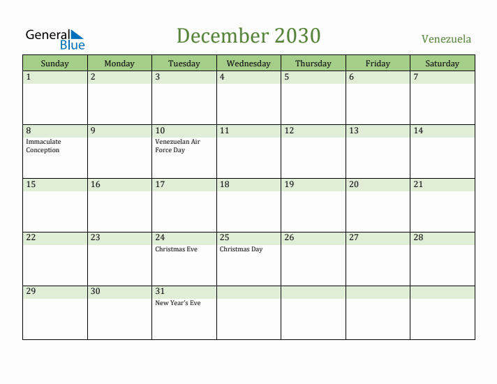 December 2030 Calendar with Venezuela Holidays