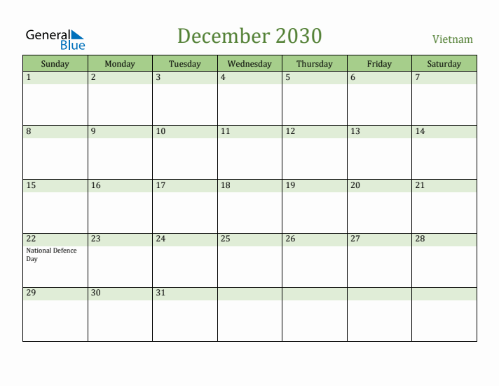 December 2030 Calendar with Vietnam Holidays