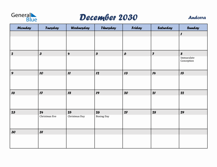 December 2030 Calendar with Holidays in Andorra