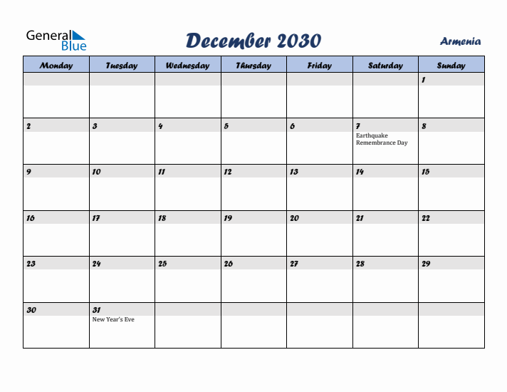 December 2030 Calendar with Holidays in Armenia