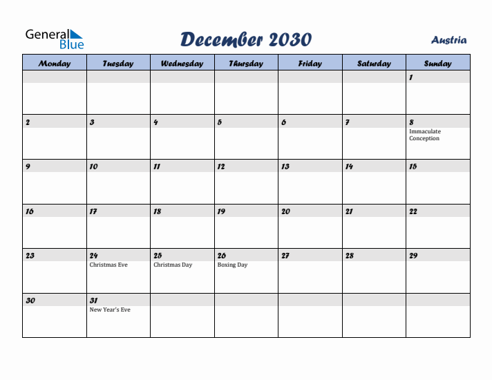 December 2030 Calendar with Holidays in Austria