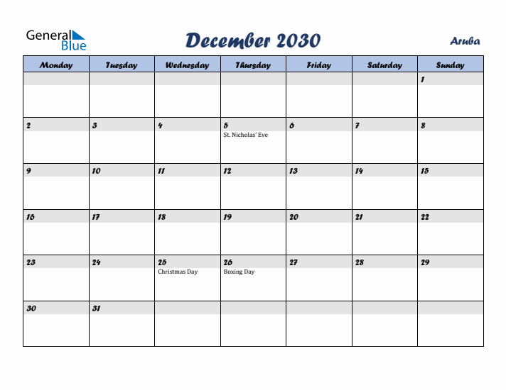 December 2030 Calendar with Holidays in Aruba