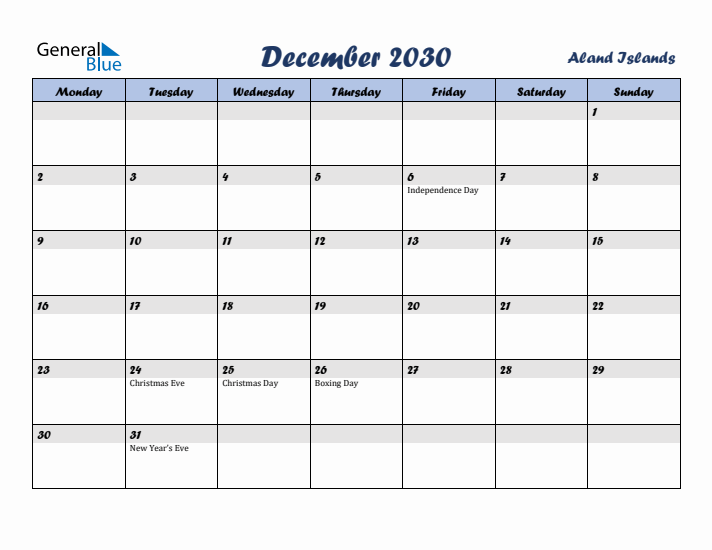 December 2030 Calendar with Holidays in Aland Islands