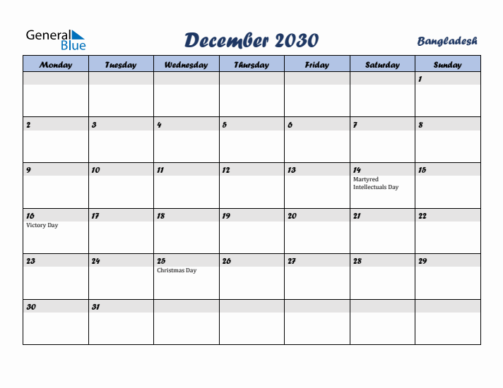 December 2030 Calendar with Holidays in Bangladesh