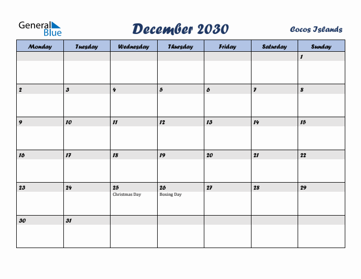 December 2030 Calendar with Holidays in Cocos Islands