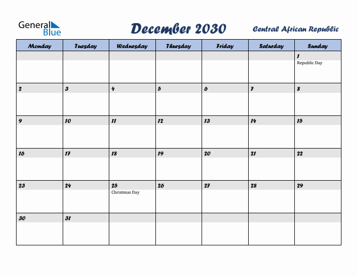 December 2030 Calendar with Holidays in Central African Republic