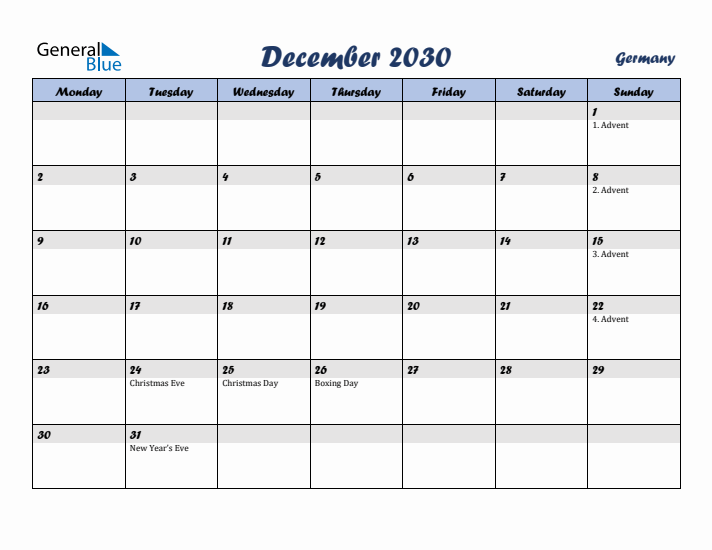 December 2030 Calendar with Holidays in Germany