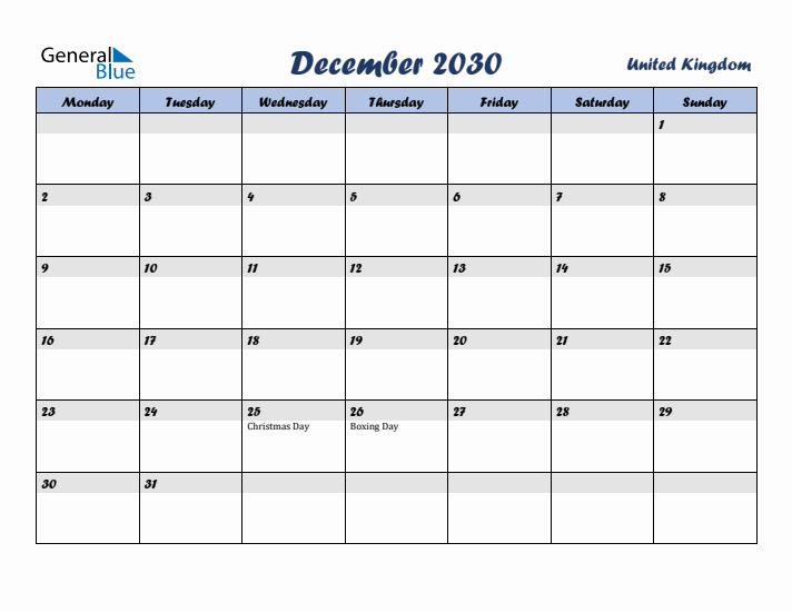 December 2030 Calendar with Holidays in United Kingdom