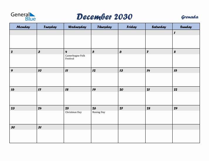 December 2030 Calendar with Holidays in Grenada