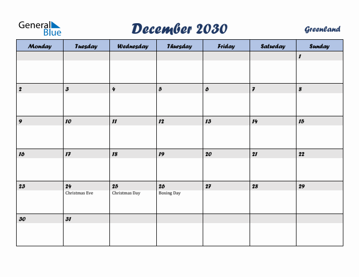 December 2030 Calendar with Holidays in Greenland