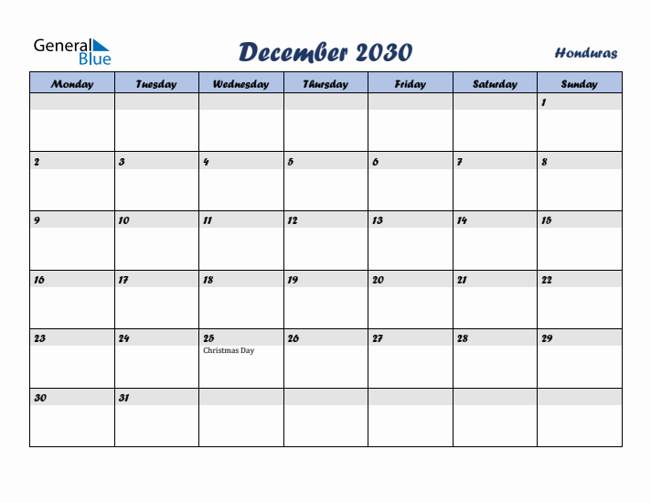 December 2030 Calendar with Holidays in Honduras