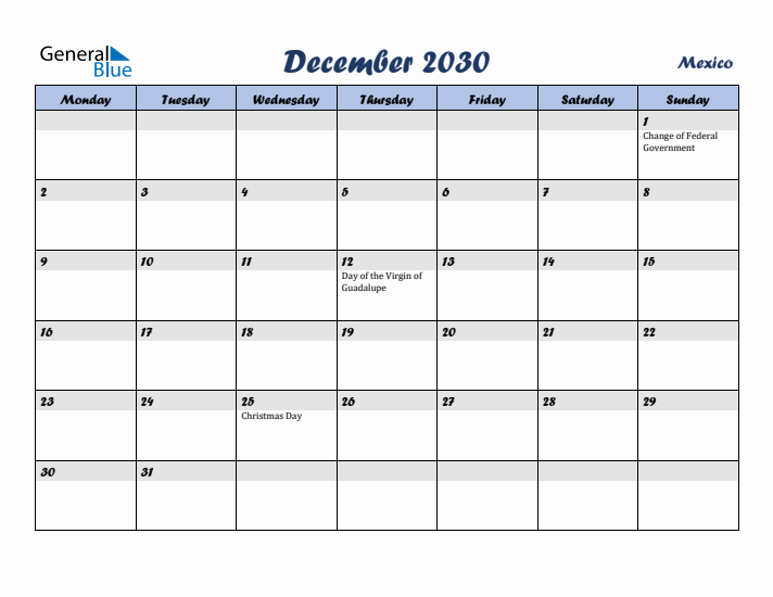 December 2030 Calendar with Holidays in Mexico