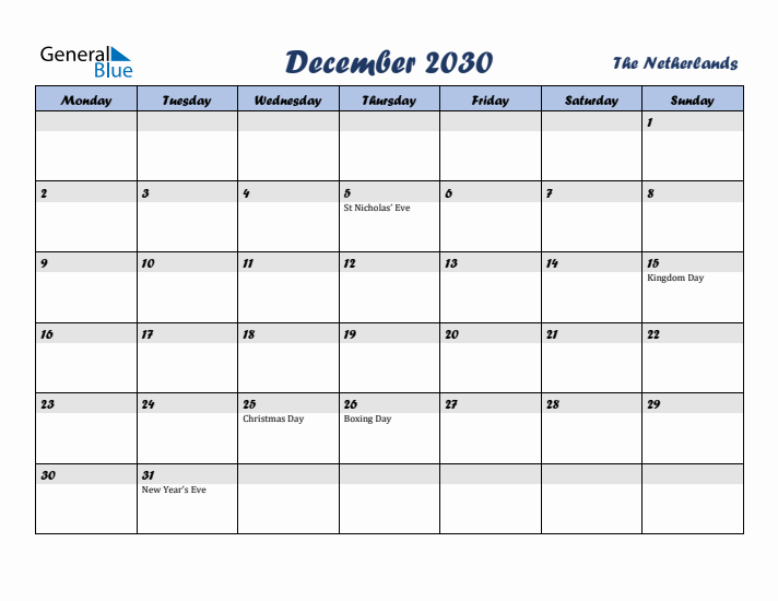 December 2030 Calendar with Holidays in The Netherlands
