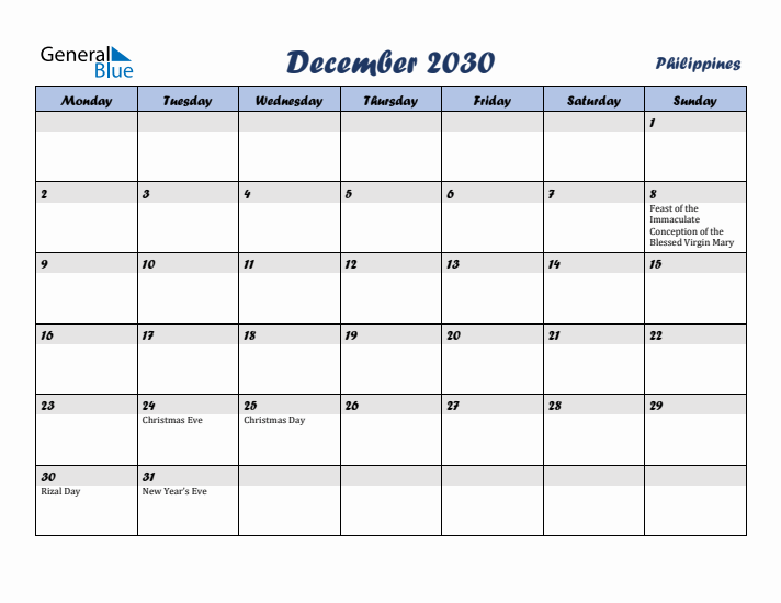 December 2030 Calendar with Holidays in Philippines