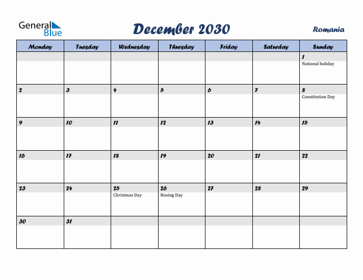 December 2030 Calendar with Holidays in Romania