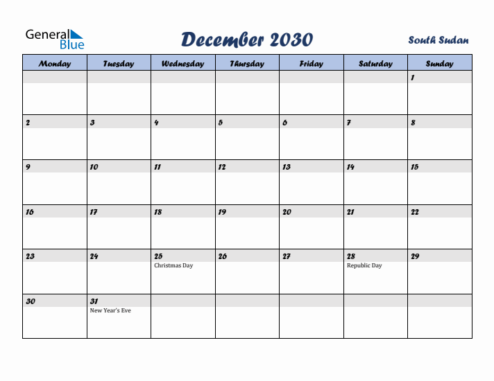 December 2030 Calendar with Holidays in South Sudan