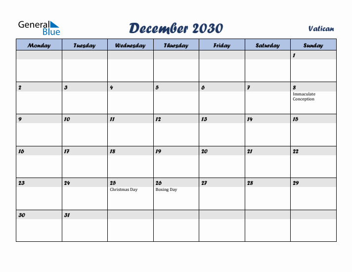 December 2030 Calendar with Holidays in Vatican