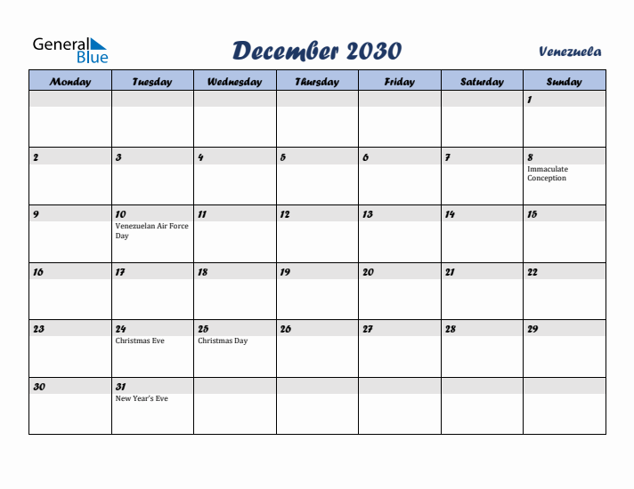 December 2030 Calendar with Holidays in Venezuela