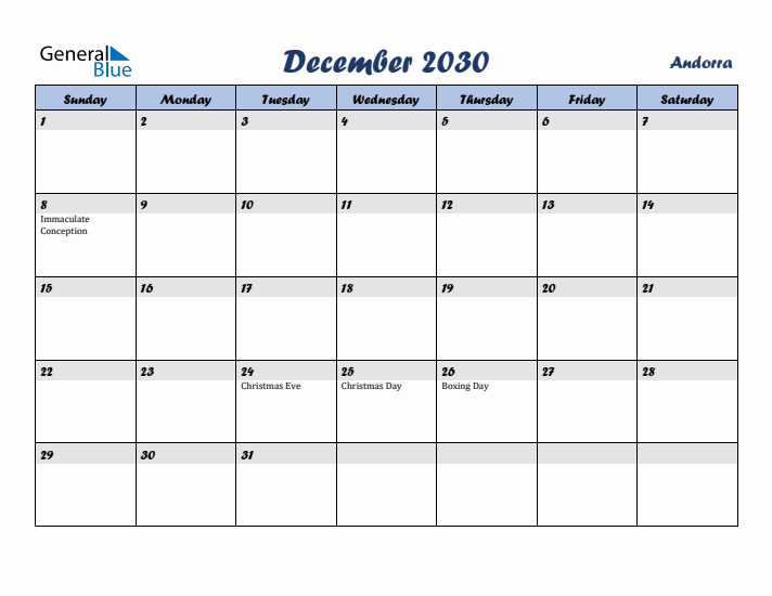 December 2030 Calendar with Holidays in Andorra