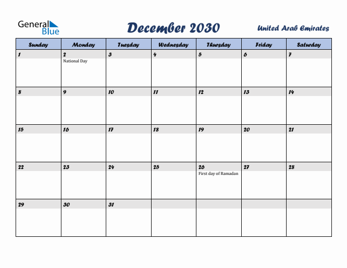 December 2030 Calendar with Holidays in United Arab Emirates