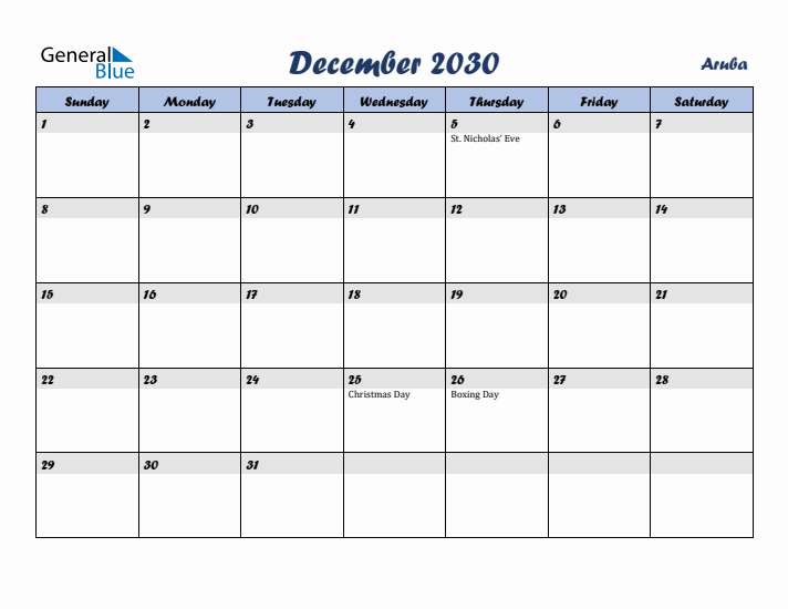 December 2030 Calendar with Holidays in Aruba