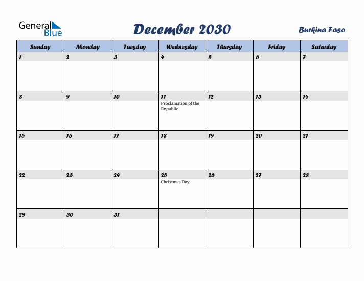 December 2030 Calendar with Holidays in Burkina Faso