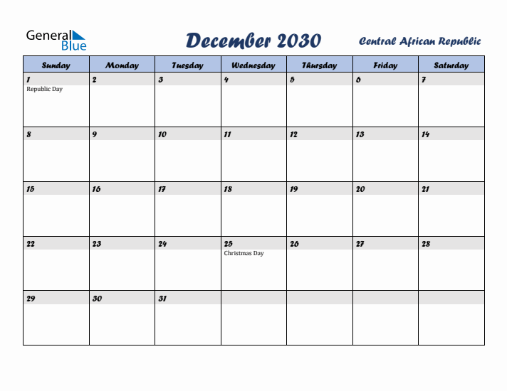 December 2030 Calendar with Holidays in Central African Republic
