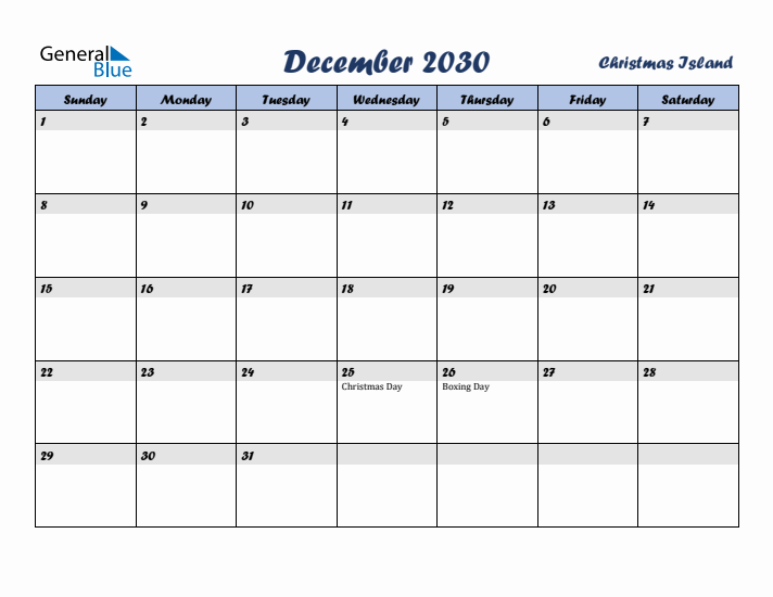 December 2030 Calendar with Holidays in Christmas Island