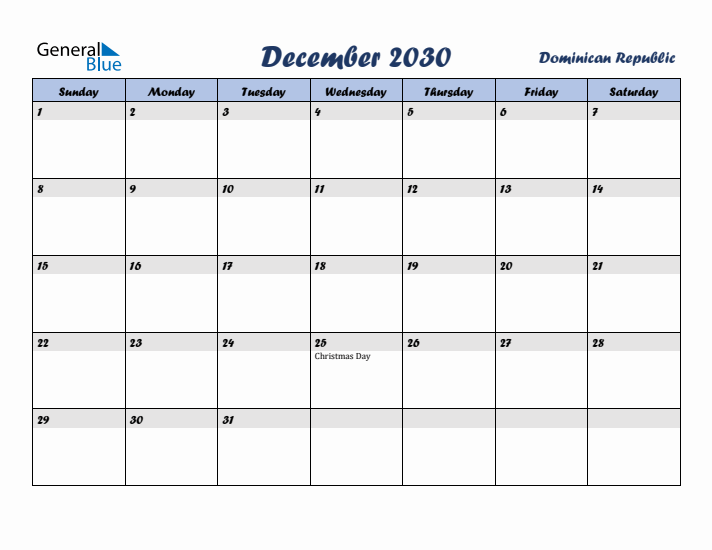 December 2030 Calendar with Holidays in Dominican Republic