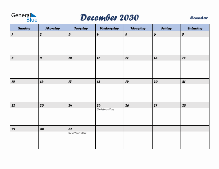 December 2030 Calendar with Holidays in Ecuador