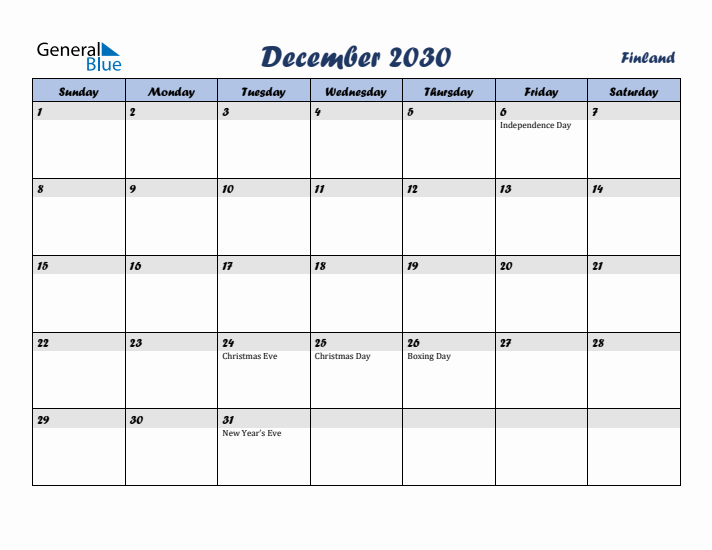 December 2030 Calendar with Holidays in Finland
