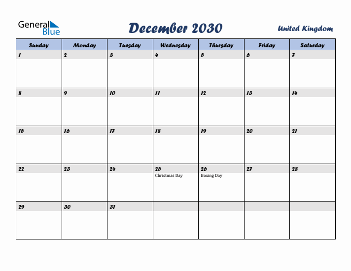 December 2030 Calendar with Holidays in United Kingdom