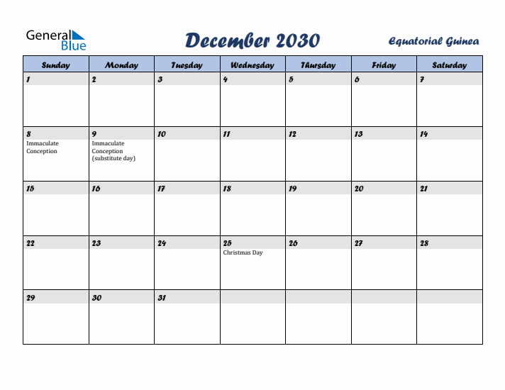December 2030 Calendar with Holidays in Equatorial Guinea