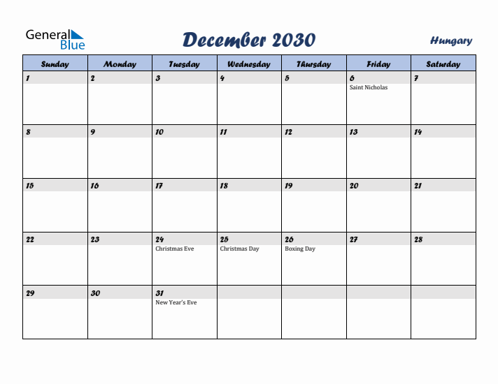 December 2030 Calendar with Holidays in Hungary