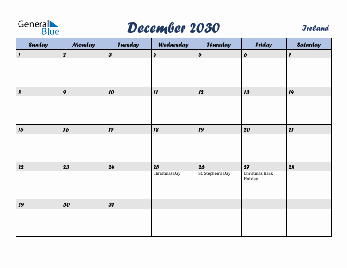 December 2030 Calendar with Holidays in Ireland