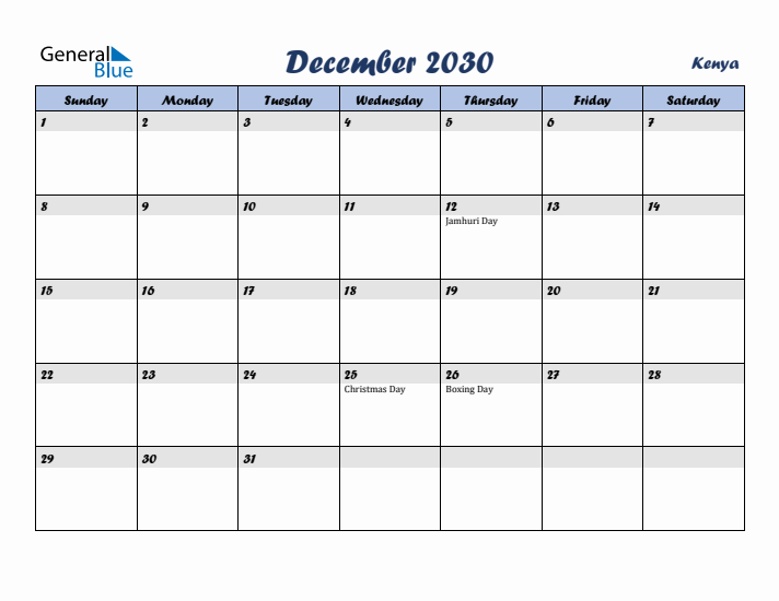 December 2030 Calendar with Holidays in Kenya