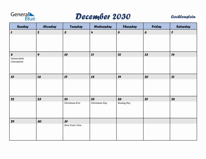 December 2030 Calendar with Holidays in Liechtenstein