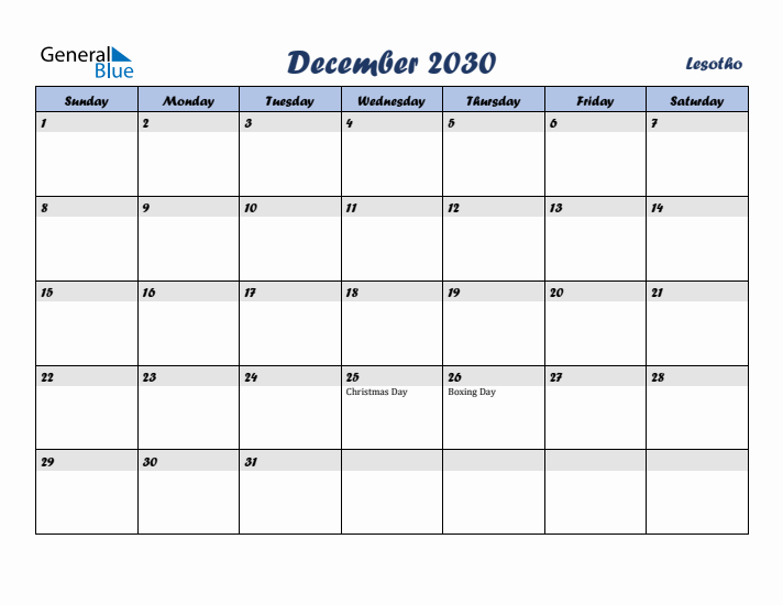 December 2030 Calendar with Holidays in Lesotho
