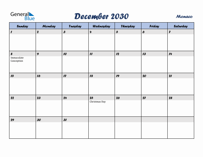 December 2030 Calendar with Holidays in Monaco