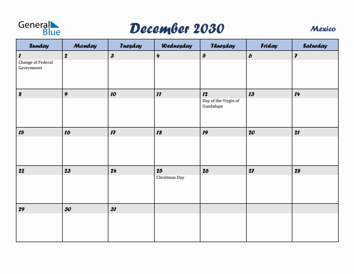 December 2030 Calendar with Holidays in Mexico
