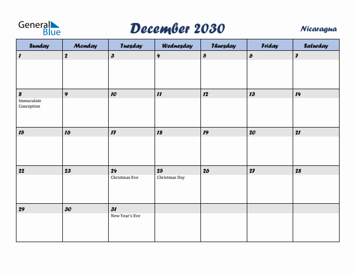 December 2030 Calendar with Holidays in Nicaragua