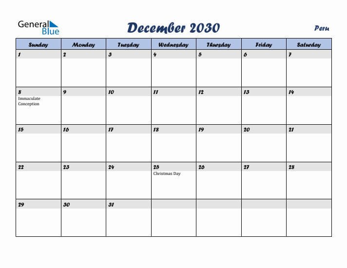 December 2030 Calendar with Holidays in Peru