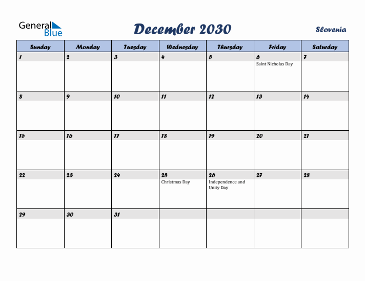 December 2030 Calendar with Holidays in Slovenia