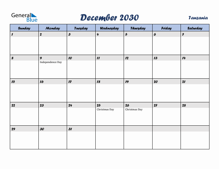 December 2030 Calendar with Holidays in Tanzania